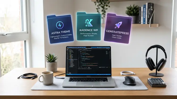Logos and abstract representations of top lightweight WordPress themes like Astra, Kadence, and GeneratePress.