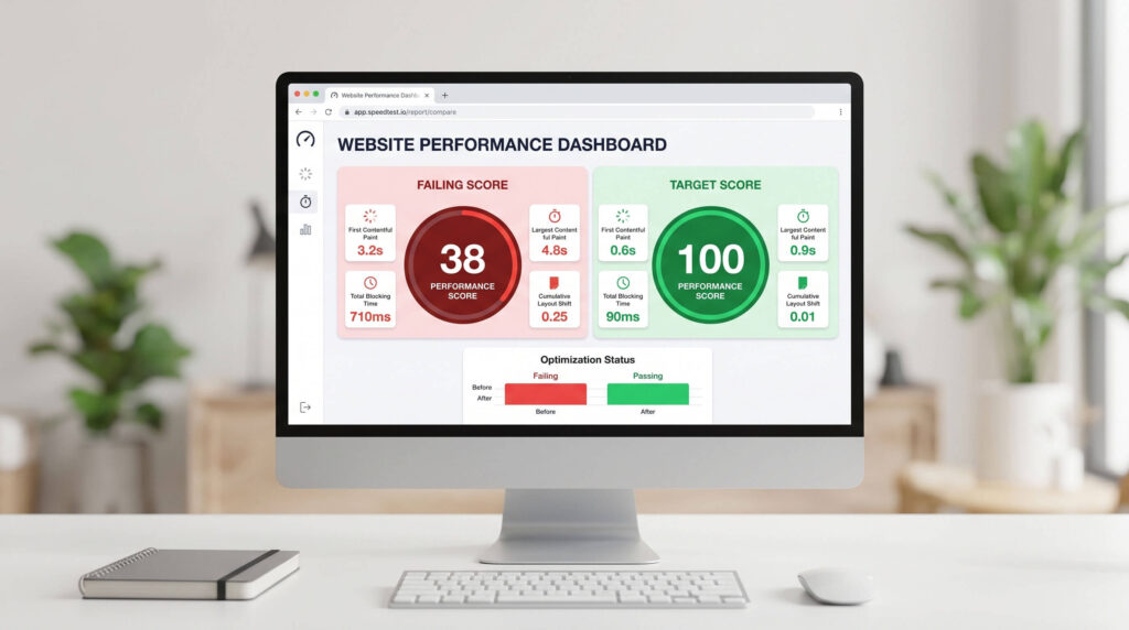Side-by-side comparison of a failing red score and a passing green 100 score for Core Web Vitals on Google PageSpeed Insights.