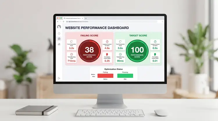 Side-by-side comparison of a failing red score and a passing green 100 score for Core Web Vitals on Google PageSpeed Insights.