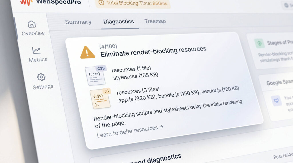 Google PageSpeed Insights diagnostic warning prompting the user to eliminate render-blocking resources like heavy CSS and JavaScript files.
