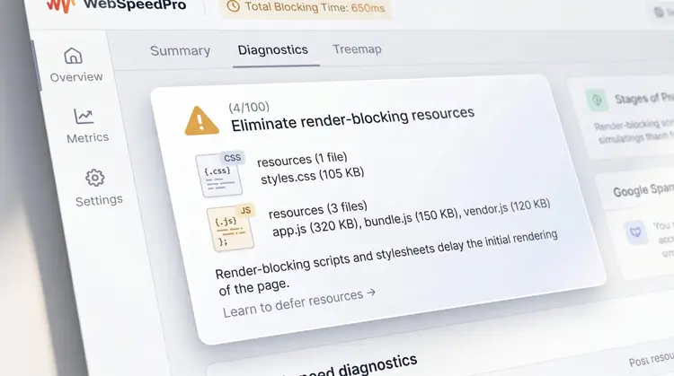 Google PageSpeed Insights diagnostic warning prompting the user to eliminate render-blocking resources like heavy CSS and JavaScript files.