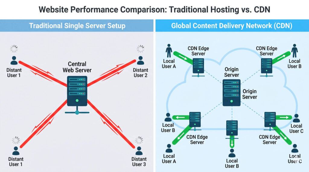 Map graphic comparing a slow central web server to a fast global Content Delivery Network edge network serving users locally.