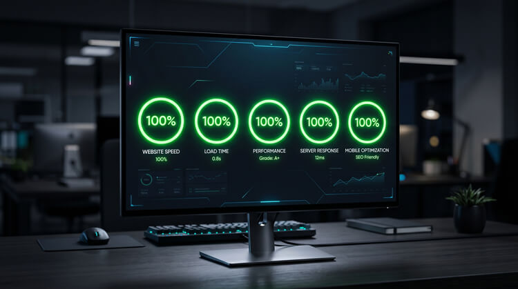 A computer monitor displaying a 100 percent perfect Google PageSpeed Insights score for a lightweight WordPress theme.