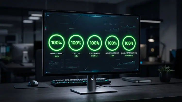 A computer monitor displaying a 100 percent perfect Google PageSpeed Insights score for a lightweight WordPress theme.
