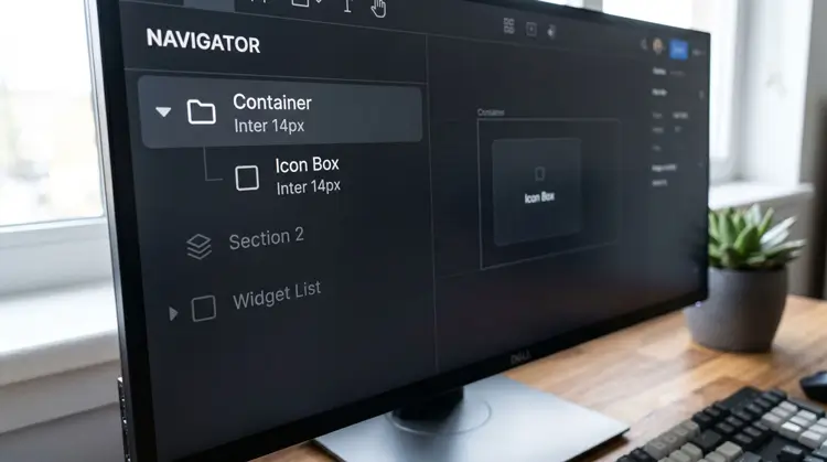 Elementor Navigator panel showing an optimized layout structure using a single Container holding an Icon Box widget to reduce DOM bloat.
