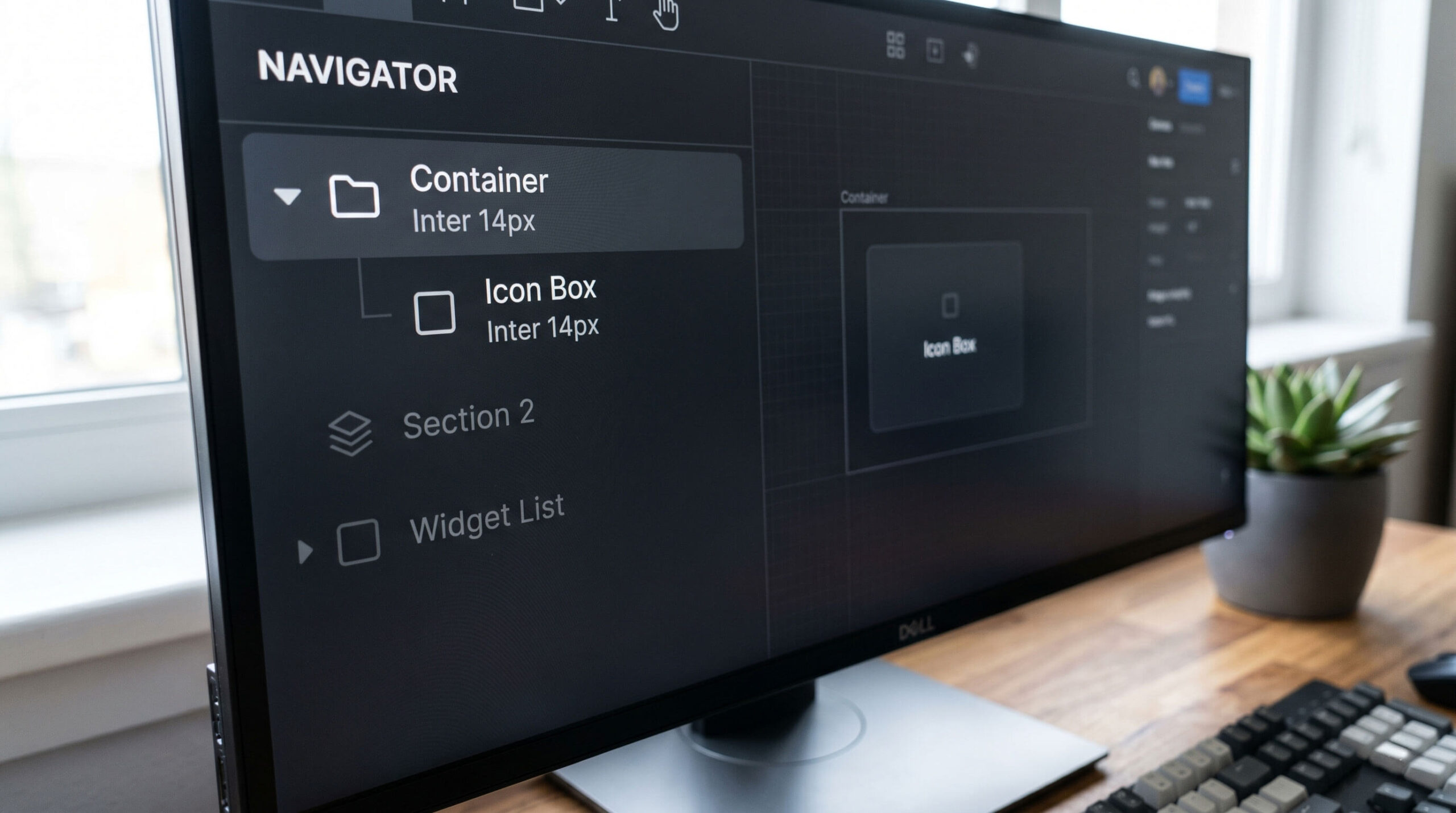 Elementor Navigator panel showing an optimized layout structure using a single Container holding an Icon Box widget to reduce DOM bloat.