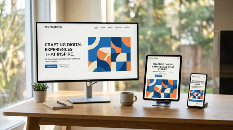 A responsive WordPress theme flawlessly adapting its layout across a desktop monitor, tablet, and mobile phone screen.