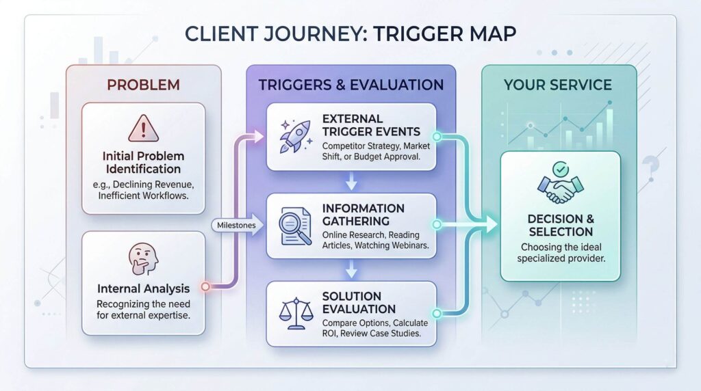 Client journey map showing trigger events for web development services.
