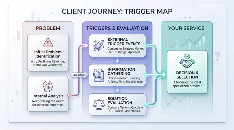 Client journey map showing trigger events for web development services.