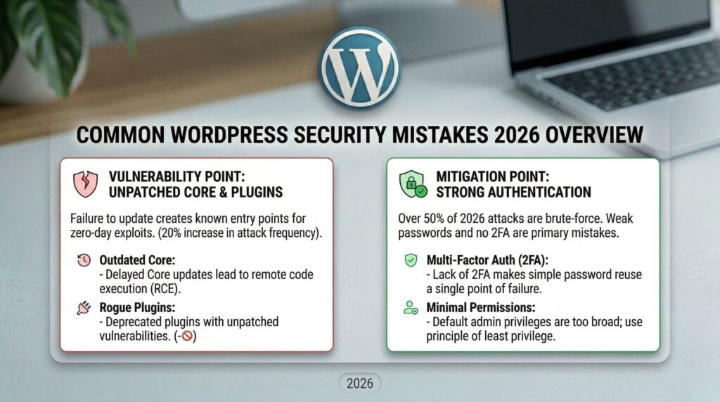 Common WordPress security mistakes 2026 overview.