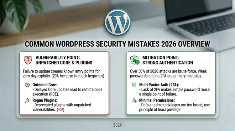 Common WordPress security mistakes 2026 overview.