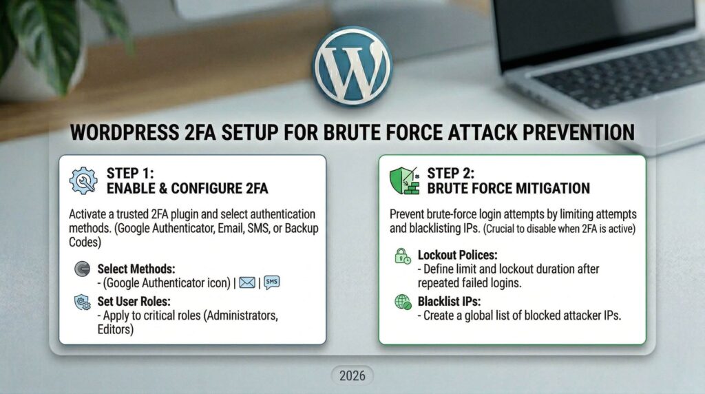 Common WordPress security mistakes 2026 overview.jpg
WordPress 2FA setup for brute force attack prevention.