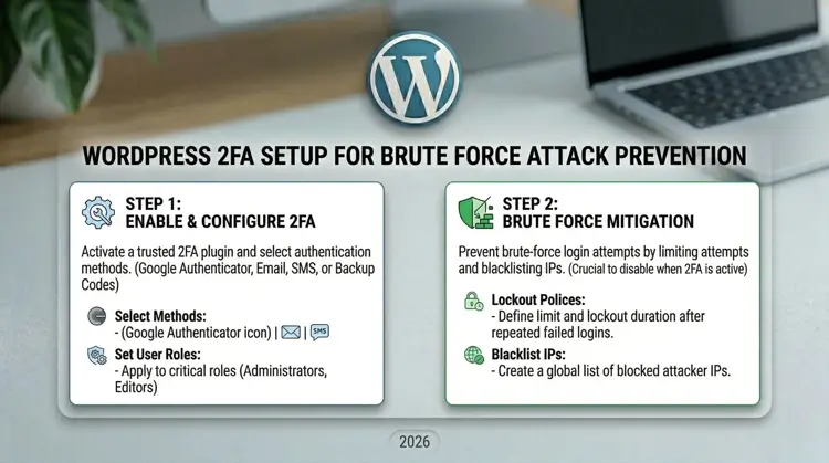 Common WordPress security mistakes 2026 overview.jpg WordPress 2FA setup for brute force attack prevention.