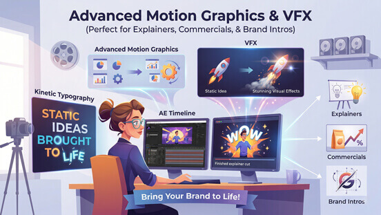 An illustrative infographic showing how Renuom creates advanced motion graphics, VFX, kinetic typography, and animations for explainers, commercials, and brand intros.