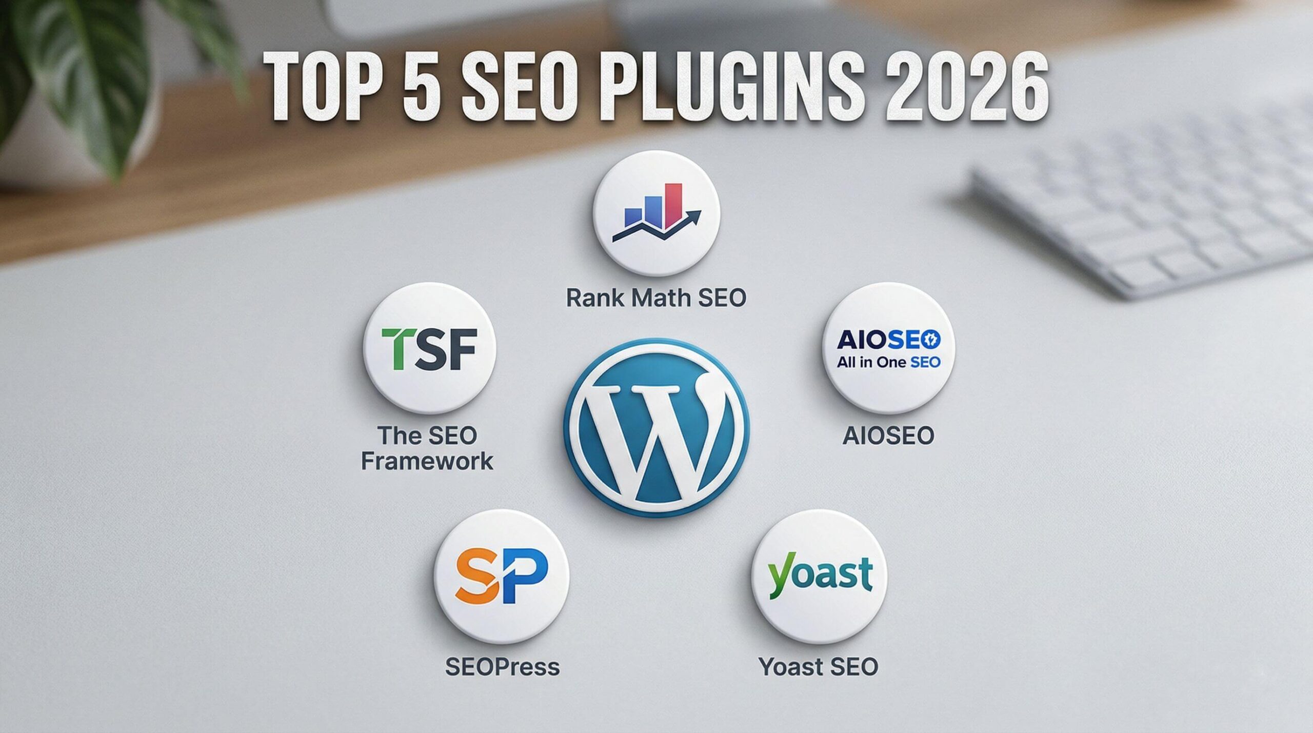 A clean, professional graphic featuring the top options for the best SEO plugin WordPress offers in 2026.