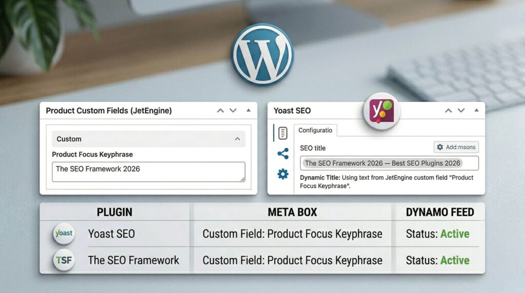 A WordPress backend screenshot showing how a custom field (like a JetEngine meta box) is successfully mapped into an SEO plugin's schema generator to optimize custom post types.