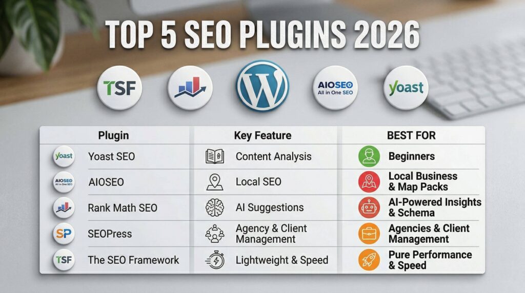 A scannable comparison infographic detailing the 5 top WordPress SEO plugins and their primary superpowers, e.g., Rank Math for AI, AIOSEO for Local SEO, and The SEO Framework for Speed.