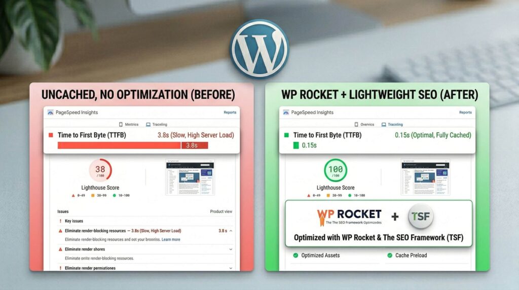 A side-by-side PageSpeed Insights screenshot comparison, demonstrating a slow Time to First Byte (TTFB) without caching versus a 100/100 score utilizing WP Rocket paired with a lightweight SEO plugin.