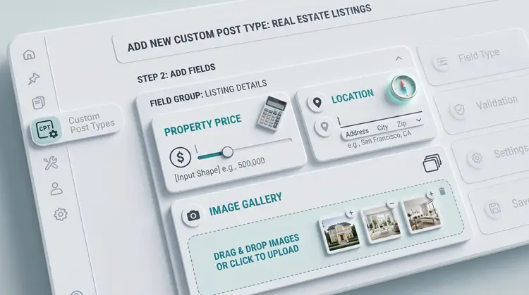 Visual representation of building a dynamic WordPress site using Custom Post Types and custom fields.