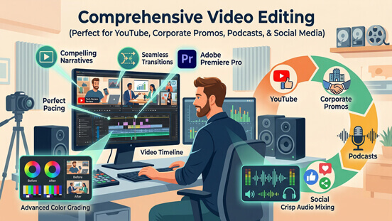 An illustrative infographic showing the step-by-step professional video editing process, perfect for YouTube, corporate promos, podcasts, and social media.