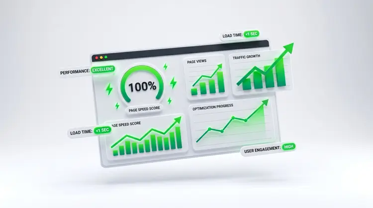A web performance dashboard showing a perfect green score for Google Core Web Vitals after building a dynamic WP site.