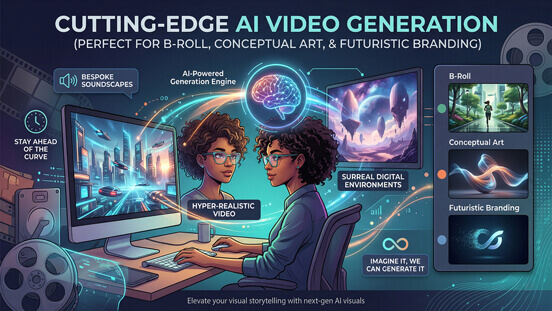 An illustrative infographic showing how Renuom uses cutting-edge AI to generate hyper-realistic video, conceptual art, and futuristic branding content.