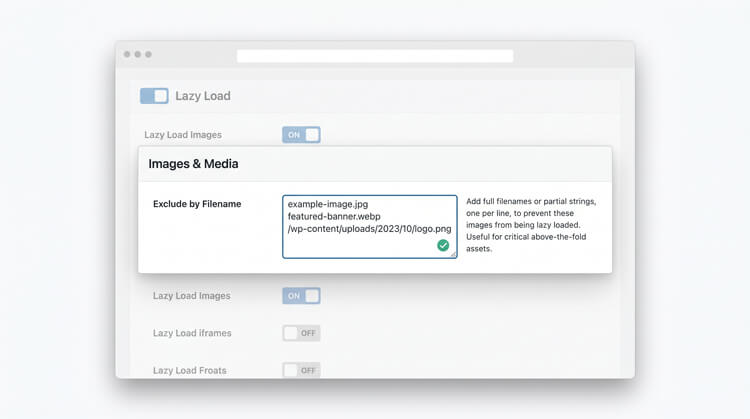 Plugin settings panel in WordPress demonstrating how to manually exclude the Largest Contentful Paint (LCP) hero image from lazy loading to improve Core Web Vitals.
