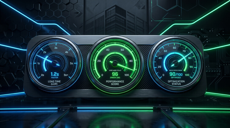 Abstract representation of Google Core Web Vitals performance metrics including LCP, CLS, and INP for fast website loading.