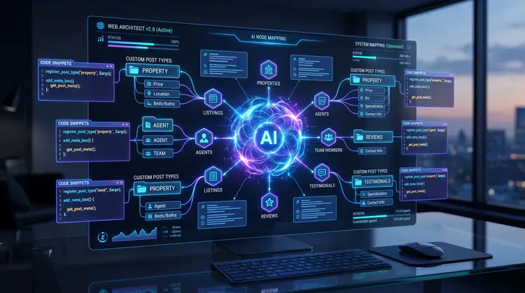 Abstract representation of an AI architecting a custom database for WordPress using JetEngine tools.