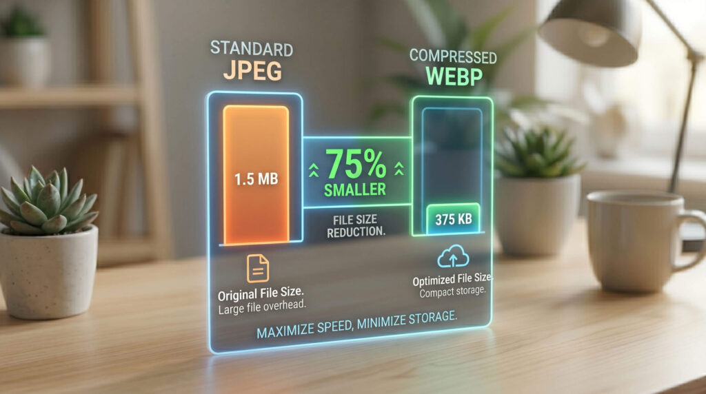 File size comparison between standard JPEG and compressed WebP image.