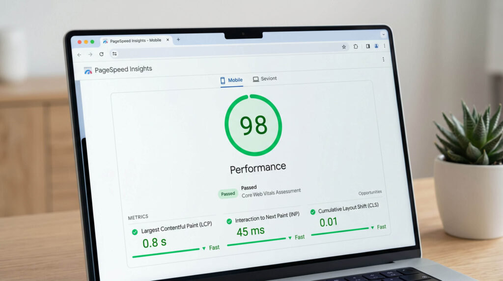 Achieving a perfect Core Web Vitals score on PageSpeed Insights.