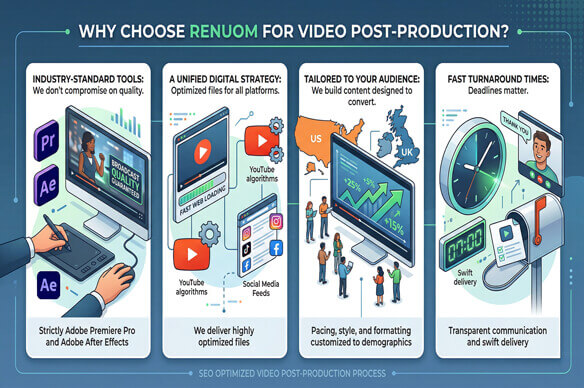 Infographic highlighting the benefits of choosing Renuom for video post-production: Industry-Standard Tools (Adobe Premiere Pro & After Effects), Unified Digital Strategy (web-optimized files), Tailored Audience Content, Fast Turnaround Times.