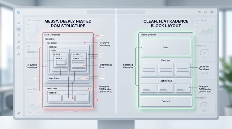 Wireframe comparison showing a deeply nested, bloated Document Object Model (DOM) versus a clean, flat architecture using lightweight Kadence blocks for optimal WordPress rendering speed.