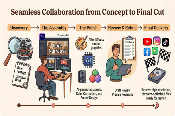 Infographic illustrating the step-by-step professional video editing and collaboration process.