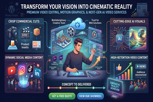 An illustrative infographic showing how Renuom transforms visions into cinematic reality through premium video editing, motion graphics, and next-gen AI services for various content types.