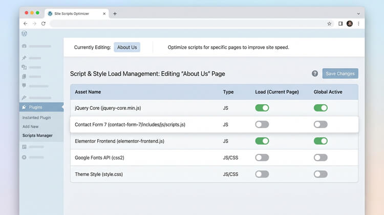 Script manager interface showing how to selectively disable unused WordPress plugin JavaScript and CSS files on specific pages to eliminate render-blocking resources.