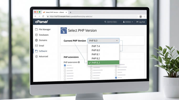Web hosting cPanel interface showing the software selector dropdown menu being used to upgrade the server to the latest, highly performant PHP 8.3 version for WordPress.