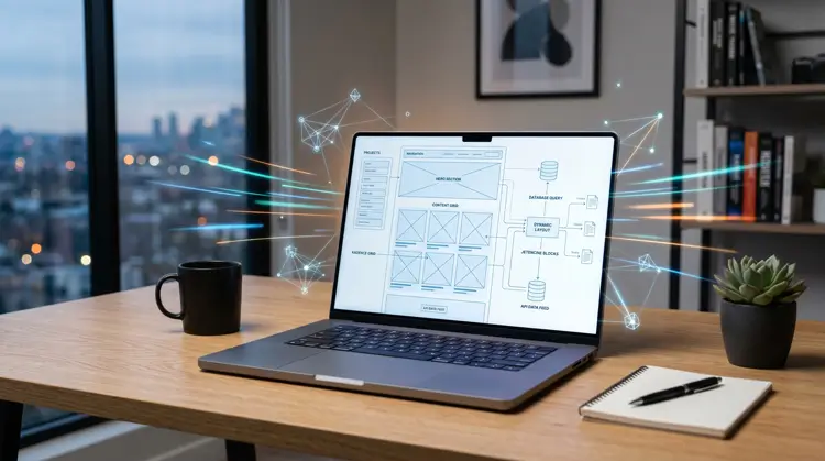A high-tech digital workspace showing the process to build dynamic WP sites using Kadence and JetEngine.