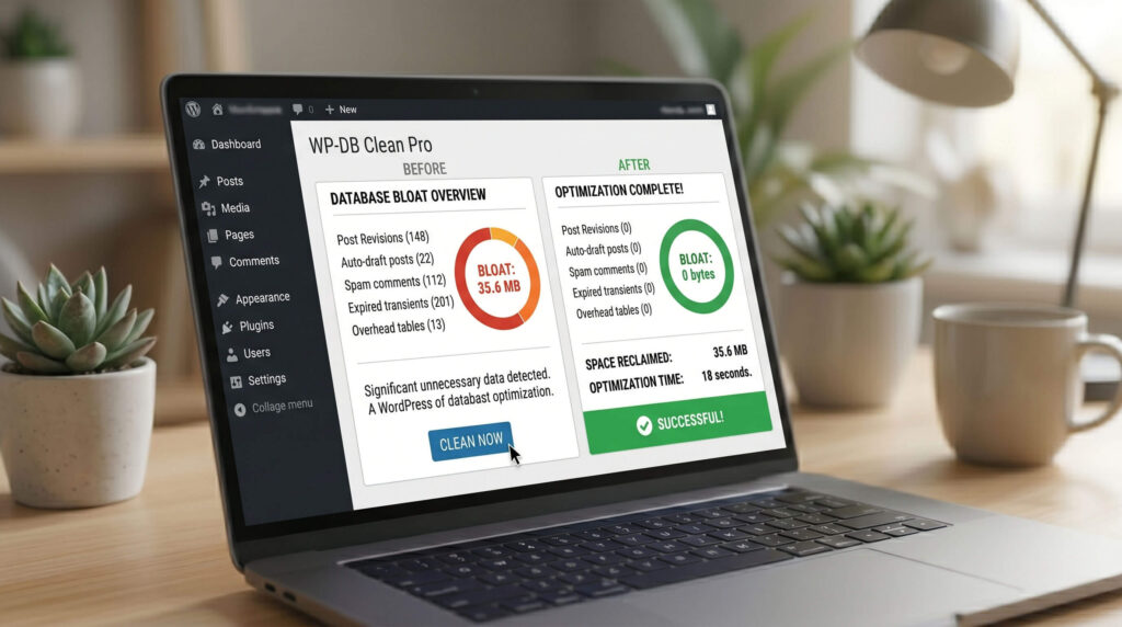 Before and after WordPress database optimization using WP-Optimize.