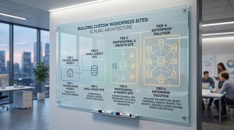 Four scaling tiers of WordPress development pricing, highlighting the progression from lightweight block patterns to complex dynamic data structures.