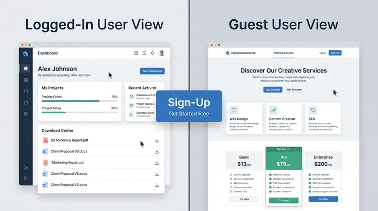 Split screen showing a personalized member dashboard for logged-in clients versus a generic pricing page for guests.