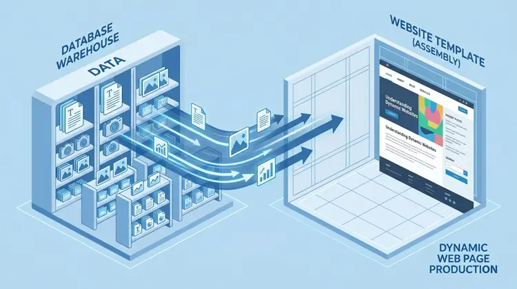Illustration explaining what a dynamic website in WordPress is using a database warehouse and template analogy.