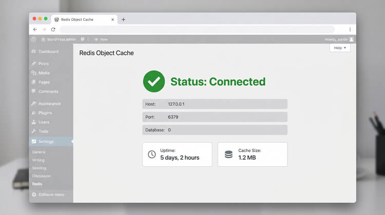 WordPress admin dashboard showing a successful Redis Object Cache connection status, a critical method to reduce server response time and fix a slow database.