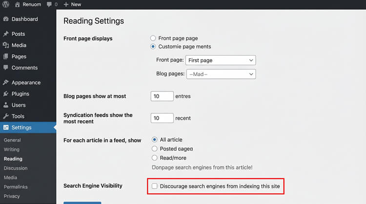 Screenshot of the WordPress reading settings dashboard highlighting the search engine visibility checkbox.
