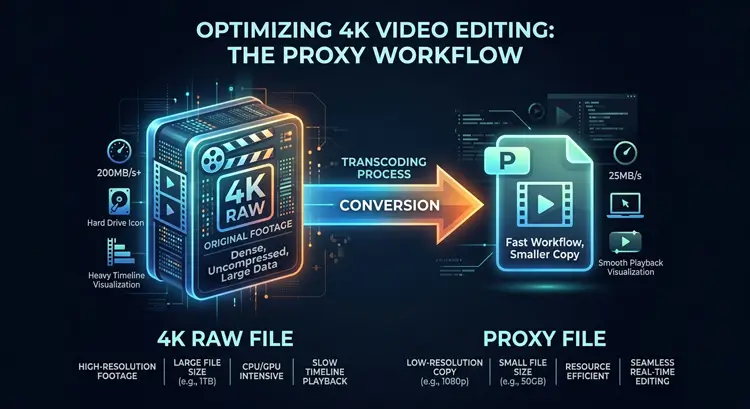 A visual comparison graphic showing heavy 4K raw files being converted into lightweight editing proxies.