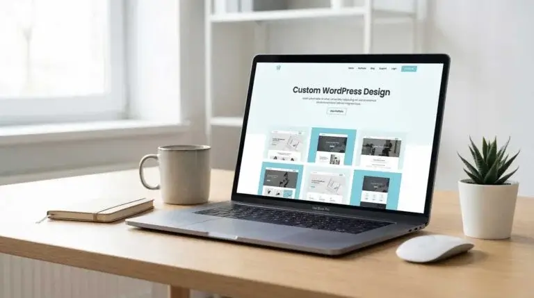 Laptop displaying a clean, custom WordPress website design layout and portfolio templates on a modern wooden desk.