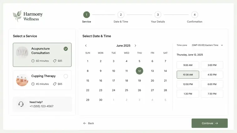 A seamless online appointment booking calendar integrated into a modern acupuncturist WordPress site.