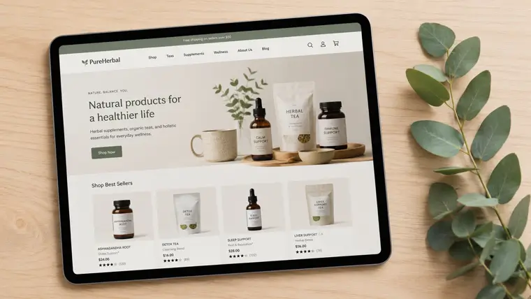 An online WooCommerce store layout on a tablet for an acupuncturist selling holistic herbal supplements.