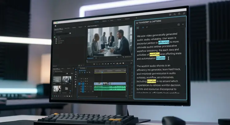 An editing software interface showing an AI text-based editing panel and transcription.