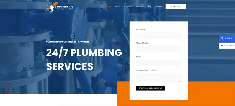 A visual screenshot of the Astra-Local-Plumber website template designed for local plumbing companies and home service contractors.
